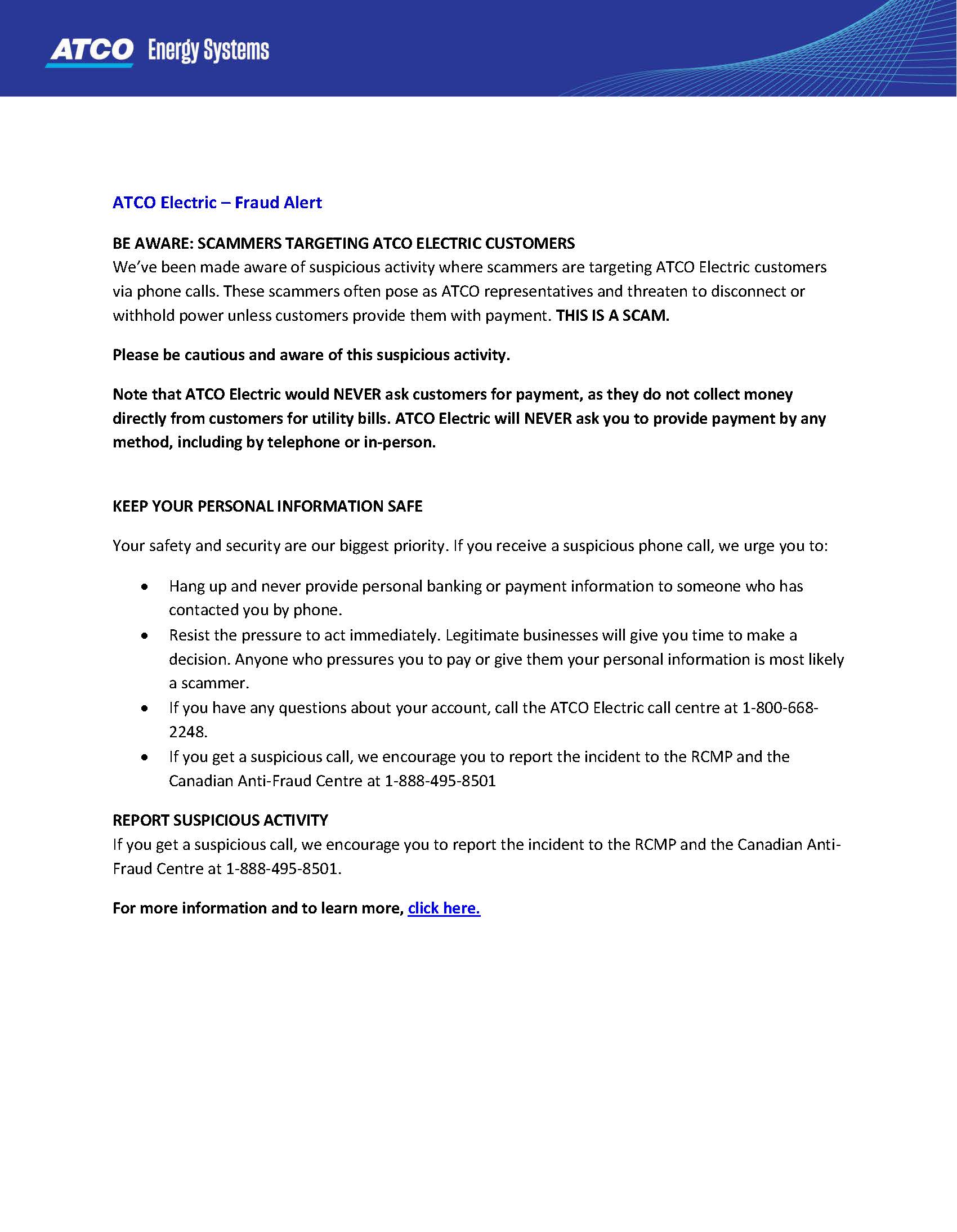 ATCO Electric - Fraud Awareness Messaging